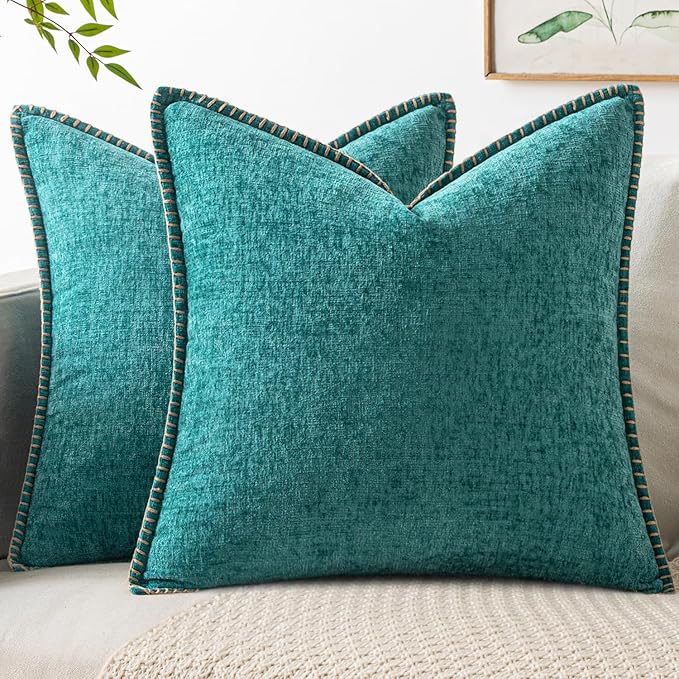 MIULEE Decorative Couch Throw Pillow Covers 16x16 Inch Teal 2 Pack | Farmhouse Pillow Covers with Stitched Edge, Soft Chenille Cushion Cases, for Sofa Bed Living Room Home Decor