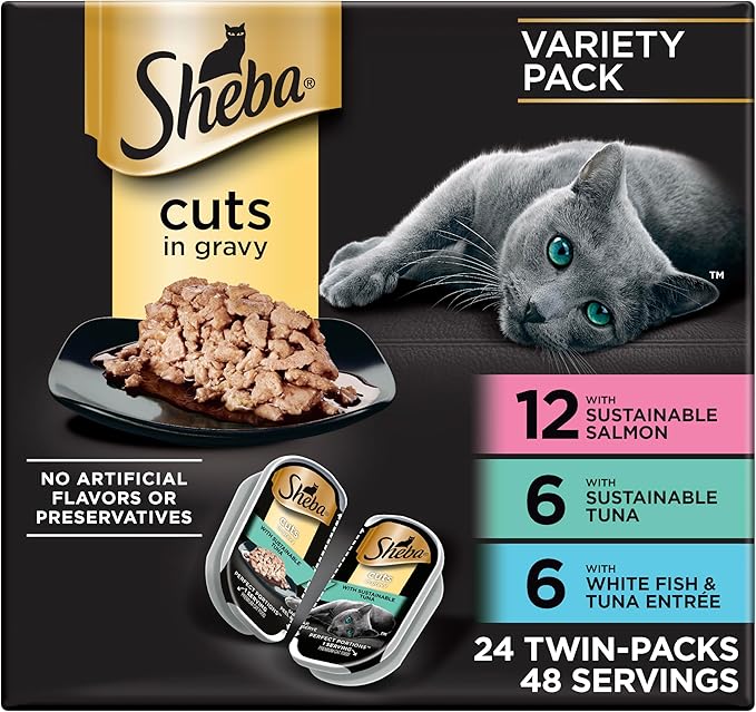 Sheba Perfect Portions Cuts Wet Cat Food, Seafood Multipack, 2.6 oz, 24 ct | Grain-free, Sustainable fish, no fillers or artificial flavors, protein-rich, essential vitamins & minerals, twin-pack trays