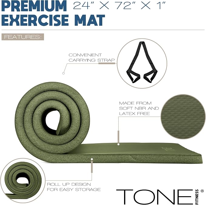 Tone Fitness 1-Inch Thick Yoga Mat | High-Density, Non-slip Exercise Mat with Carrying Strap for Yoga, Pilates, & Home Gym Workouts | Multiple Options