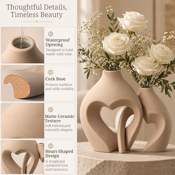 Ceramic Flower Vases Home Decor Heart Shaped Vase Set of 2 | Nordic Heart Shaped Vases Minimalist Decorative Vase for Table Centerpiece Wedding Dining Living Room Office House Decoration