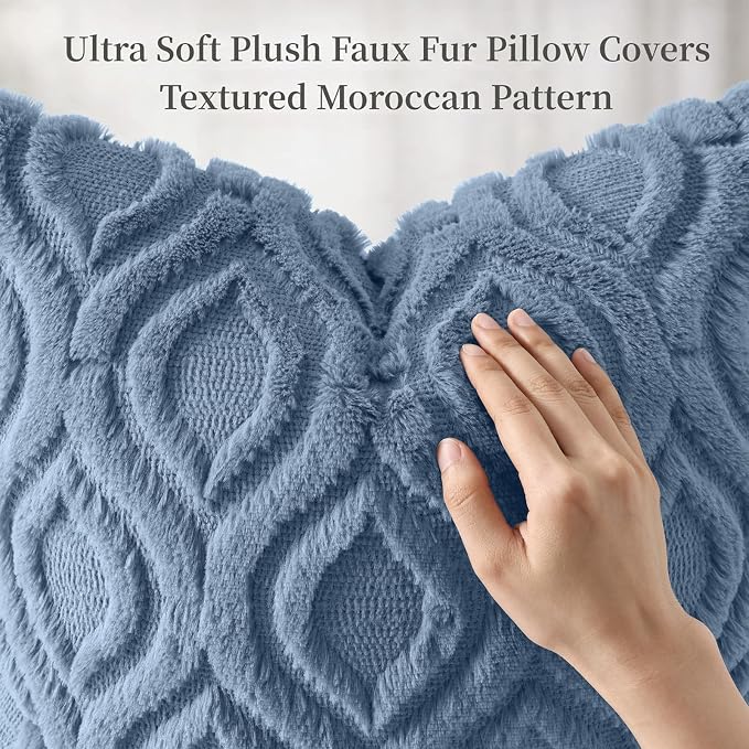 decorUhome Faux Fur Soft Dusty Blue Throw Pillow Covers 26x26 Set of 2 | Plush Solid Fall Couch Pillow Covers, Accent Modern Farmhouse Neutral Decorative Square Pillow Cases for Sofa Bed Living Room