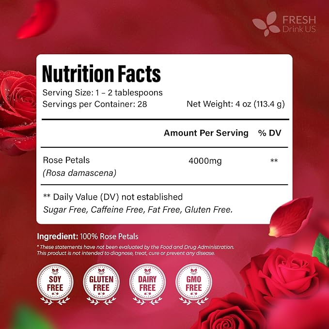 FreshDrinkUS, Premium 4oz Dried Rose Petals, 100% Natural & Pure, Herbal Tea, Daily Infusion Botanical, No Sugar, No Caffeine, No Gluten, Vegan. Rich in Antioxidantse.