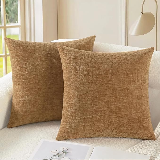 CaliTime Decorative Couch Throw Pillow Covers 16 X 16 Inches Apricot Brown | Pack of 2, Cozy Chenille Cushion Cases for Sofa Bed Living Room Farmhouse Home
