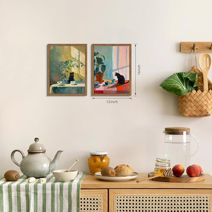 Framed Black Cat Wall Art Set of 2, Vintage Funny Cat Coffee Canvas Wall Decor Paintings, Moody Cute Animal Artwork Prints Picture for Kitchen Dining Room Living Room 12x16 Inch