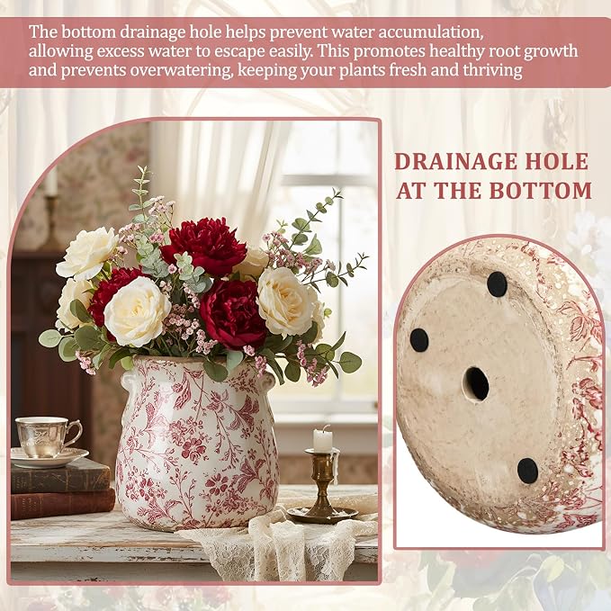 Ceramic Scroll Planter 6.5 Inch Chinoiserie Floral Vase with Drainage Holes Vintage Flower Vase Flower Pot Rustic Ceramic Pots for Indoor Plants Garden Home Bookshelf Decor(Pink Floral)