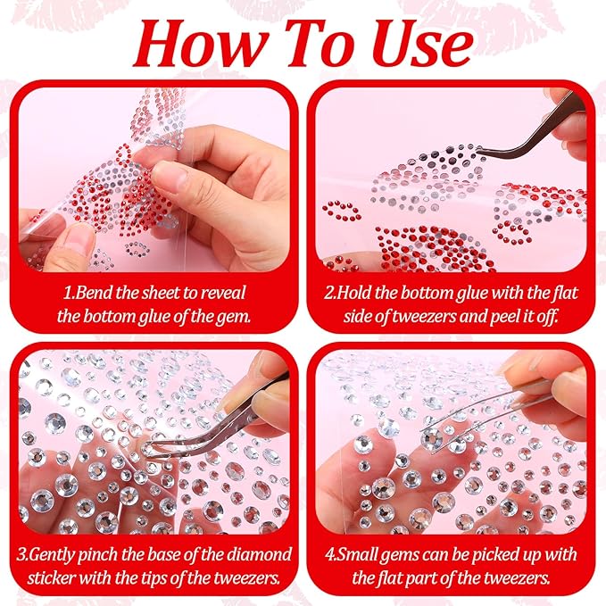 6 Sheets Red Face Gems Self-Adhesive Face Jewels, Red Face Glitter Lip Hair Gems, Festival Kiss Stickers for Makeup, Eye, Hair, Body, Rave Accessories