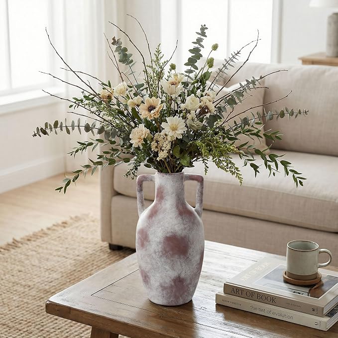 Ceramic Flower Vase with Handles, 12.8 inch Tall Farmhouse Vase Rustic Vases Decorative Pottery Vases Large Floor Vase for Home Decor Living Room Bookshelf Table Centerpiece Fireplace, Terracotta
