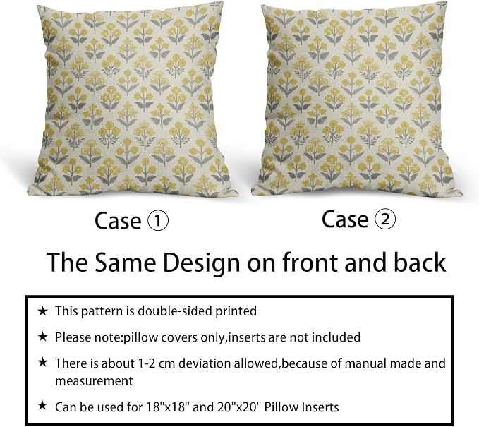 Yellow Grey Gray Floral Pillow Covers 22x22 Inch Set of 2, Vintage Flower Block Print Pattern Decorative Throw Pillowcases Outdoor Farmhouse Cushion Covers Spring Summer Rustic Sofa Couch Bed Decor