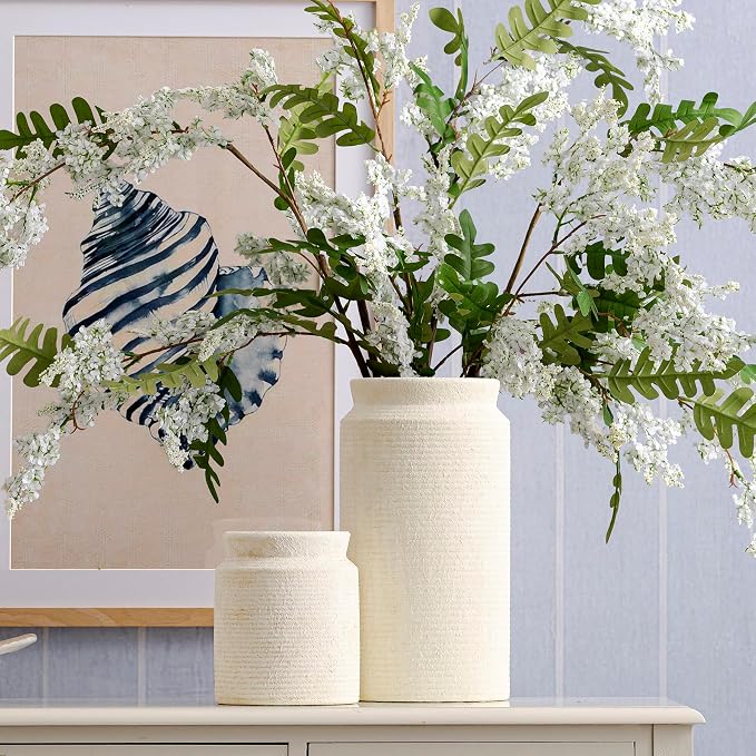 Ceramic Flower Vase 7.5 inch Farmhouse Rustic Vase for Home Decor Handcrafted Pottery Terracotta Vases for Dining Table Decor Fireplace Living Room Bathroom Wedding Centerpiece (M-Off White)