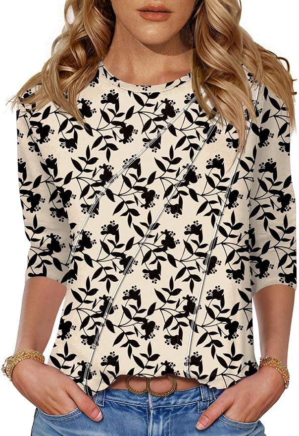 LOMON 3/4 Length Sleeve Womens Tops Spring Summer Fashion 2026 Tops Crew Neck Pleated Shirts Tunic Top Loose Fit
