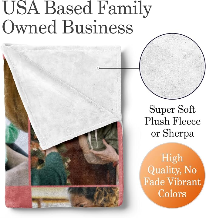 Personalized Photo & Text Blanket, Custom Picture Fleece Throw (8-Pic) | Printed in USA, ships next day, add 1-9 photos & custom text, fleece or sherpa, family keepsake gift, cozy home decor