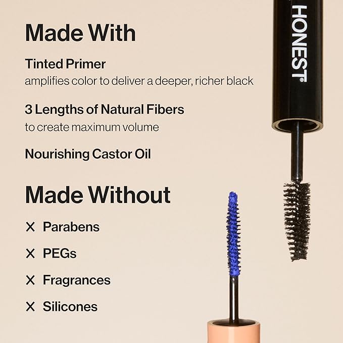 Honest Beauty 2-in-1 Extreme Volume Clean Mascara, Bold Lash Primer with Castor Oil, Maximum Curl, Vegan, Safe for Sensitive Eyes, Black, .27 fl oz