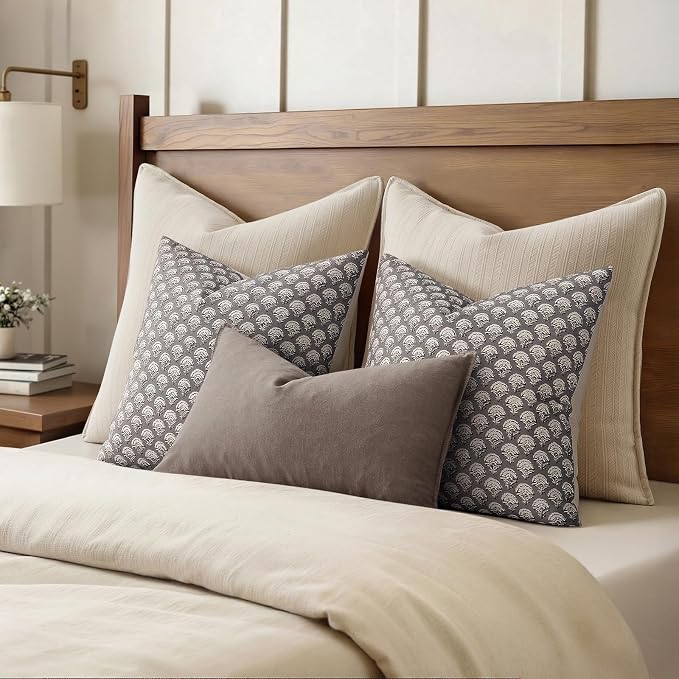 MIULEE Floral Print Decorative Pillow Covers 20x20, Stone Grey | Vintage Boho Farmhouse Modern Home Decor, Set of 2, Block Print Cushion Covers for Couch Sofa Bed Living Room