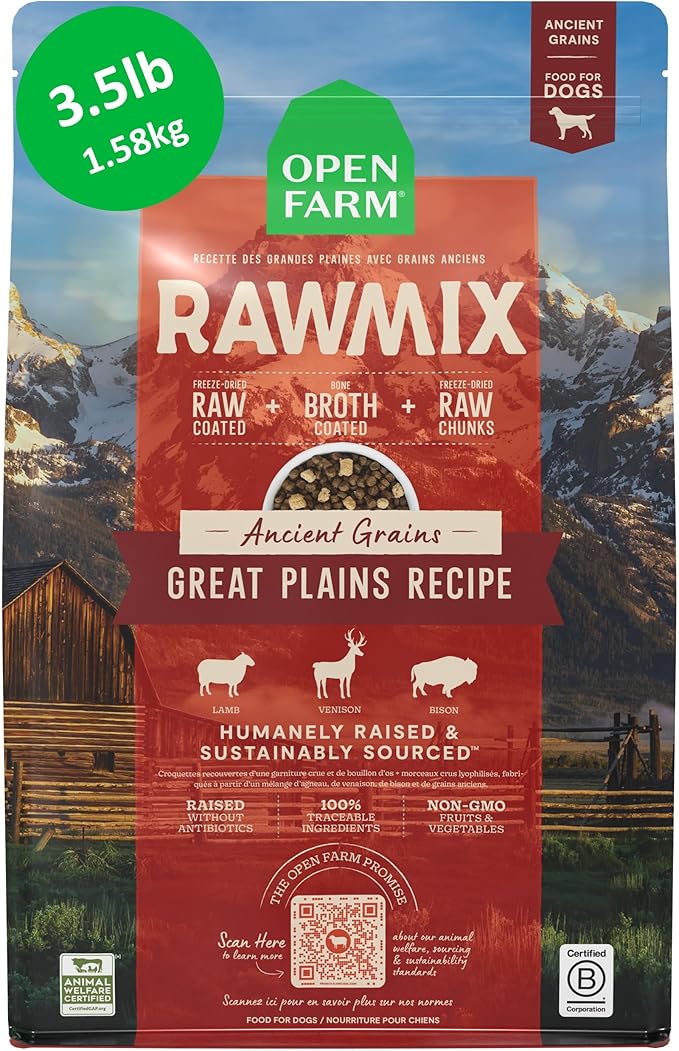 Open Farm, RawMix Ancient Grains Dry Dog Food, Protein-Packed Kibble Coated in Bone Broth with Freeze Dried Raw Chunks, Lamb Venison Bison, Great Plains Recipe, 3.5lb Bag | Pasture-raised Lamb, Venison and Bison, Freeze Dried Raw Chunks, Traceable Ingr...