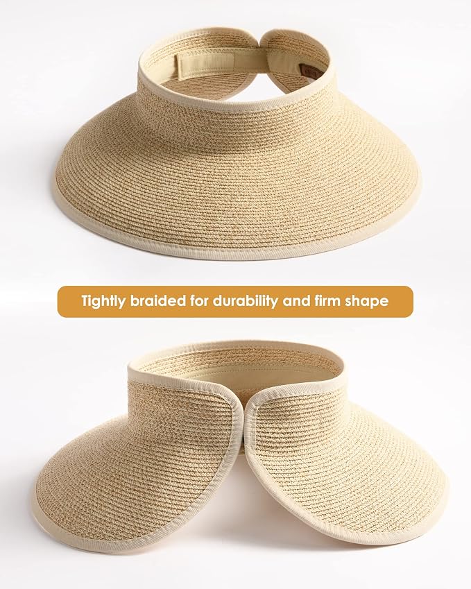 FURTALK Womens Sun Hat with Ponytail Hole Wide Brim Beach Straw Visor | Foldable & Packable for Beach Vacations, Adjustable Fit for Messy Buns, Detachable Windproof Strap, Sweat-Wicking Inner Band