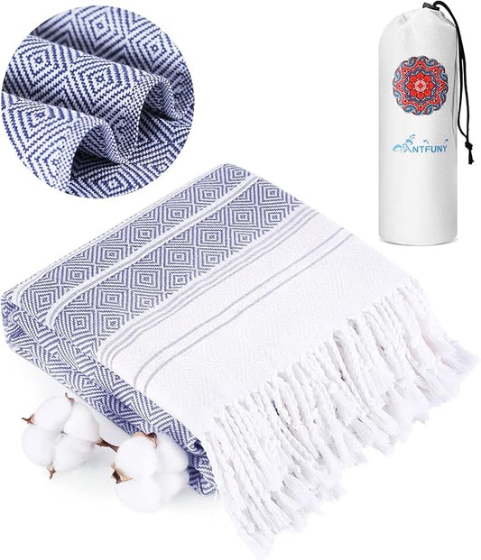 Antfuny Turkish Beach Towels Vacation Essentials Quick Dry Sand Free Soft Extra Large XL Big Blanket Adult Bath Pool Swim Towel Lightweight Thin Sandless Fast Drying No Sand Packable Foldable Blue
