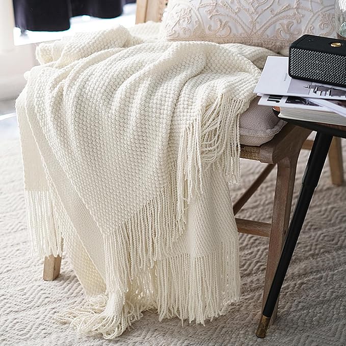 LOMAO Knitted Throw Blanket with Tassels Bubble Textured Lightweight Throws for Couch Cover Home Decor (Cream, 60x90)