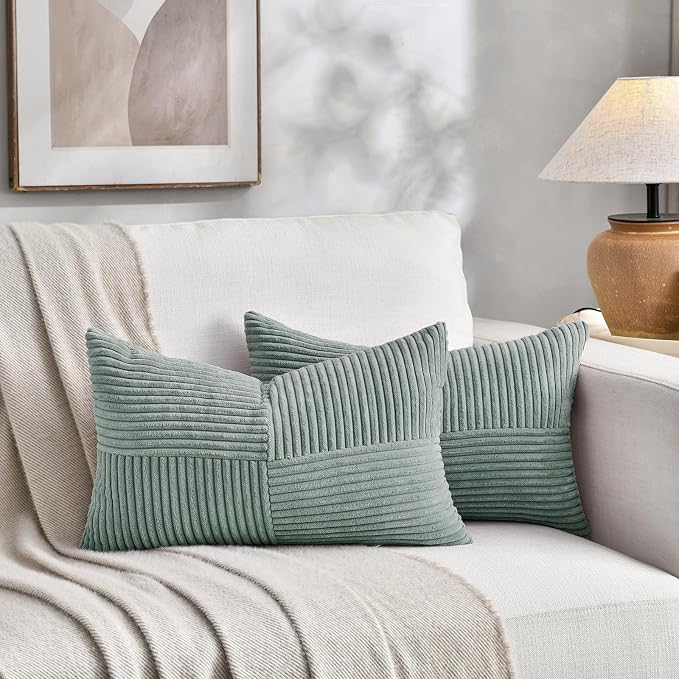 Fancy Homi Grey Blue Lumbar Decorative Throw Pillow Covers 22x14 Inch for Couch Bed Sofa, Rustic Farmhouse Boho Home Decor, Soft Striped Corduroy Rectangle Accent Cushion Case 35x55 cm