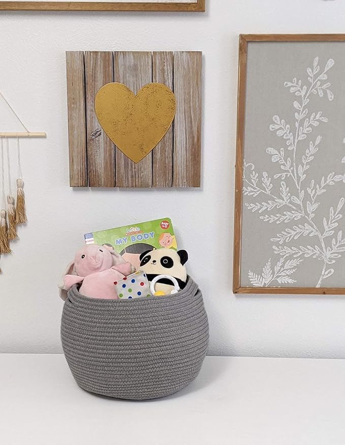 Goodpick Round Woven Storage Basket for Shelves, 12.5" x 8.3", Grey | Decotative Small Basket for Organizing Dog Cat Toys, Gift Basket Empty for Baby Shower, Plant Baskets, Living Room & Nursery