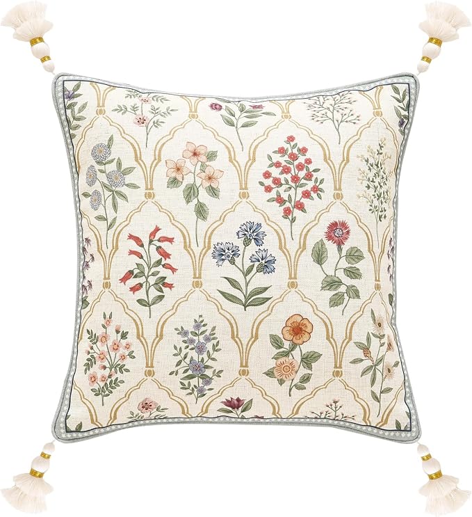 Designer Vintage Linen Throw Pillow Cover,18"x18"-Serenity B | French Elegant Square Decor Pillow Cover,Concealed Zipper Design,Colorful Floral Pattern,Sofa,Bedroom,Living Room,Chairs