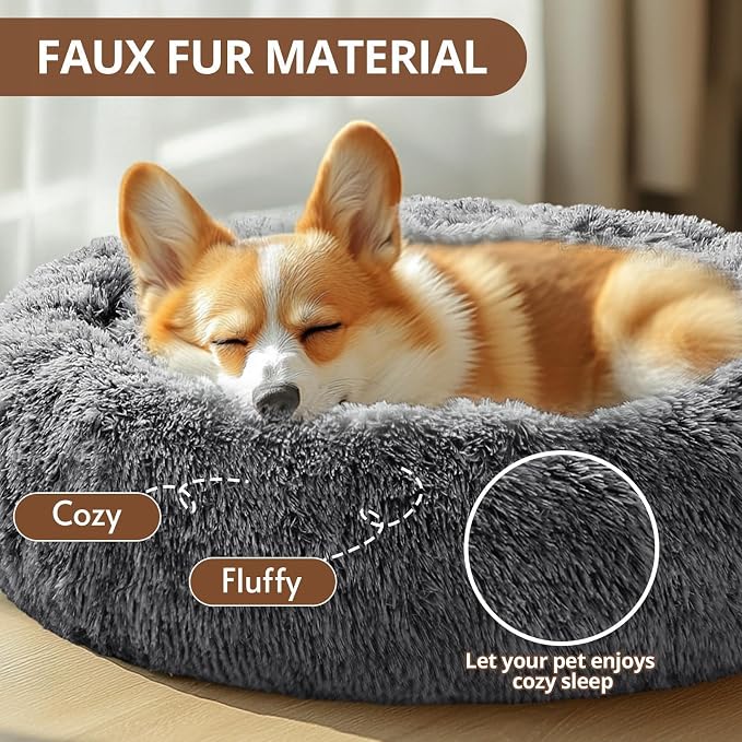 JOLLYVOGUE Calming Dog Beds Large Sized Dog, 36in Donut Washable Large Pet Bed, Anti-Slip & Anti-Anxiety Fluffy Faux Fur Round Dogs Bed, Fits up to 80 lbs Pets (Smoke Black)