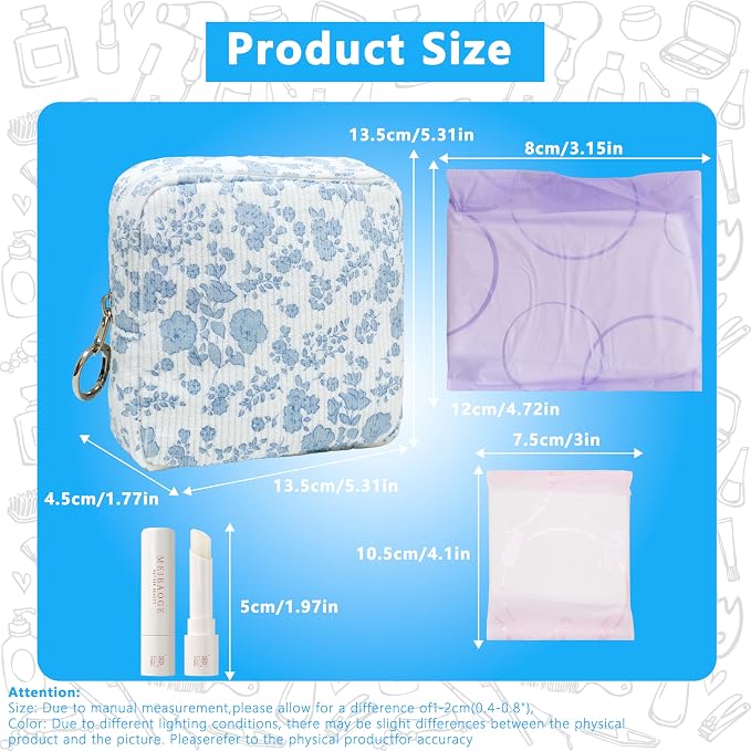 Period Bag for Girls, Corduroy Sanitary Napkin Storage Bag, Period Pouch & Tampon Holder, Feminine Care Organizer（Blue Flower）