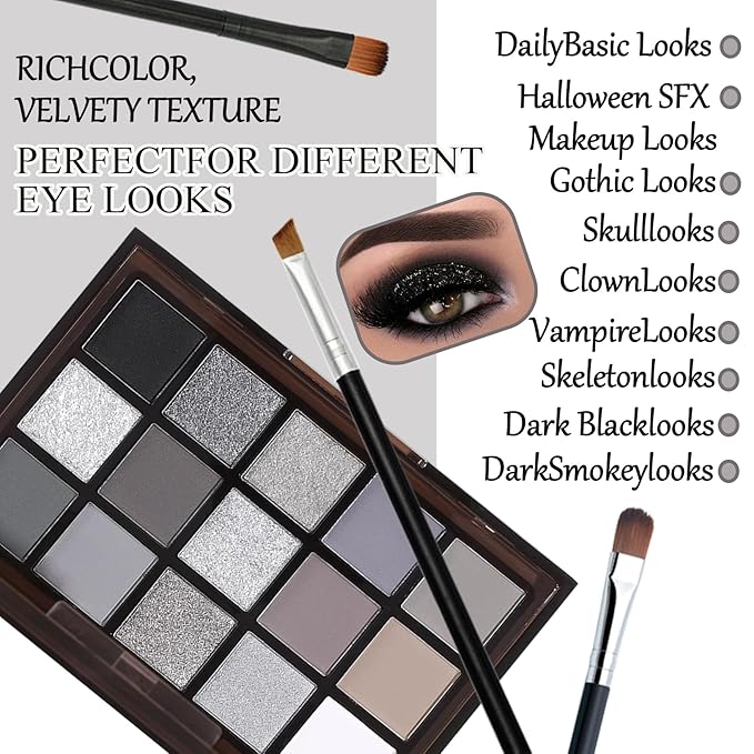 Black Grey Smoky Eyeshadow Palette,15 Colors Matte Shimmer Pigmented Eye Shadow Makeup Palette Set with 3 Eyeshadow Brushes,Glitter Eye Shadow Palette for Daily Halloween Goth Makeup(A)