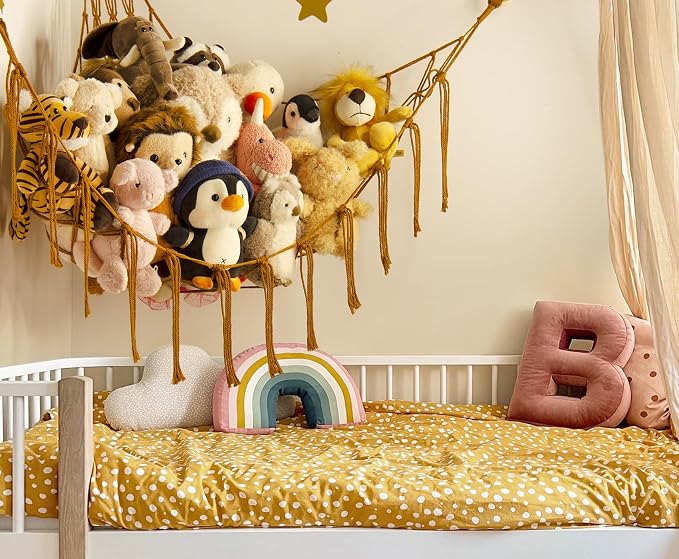 mirolam Stuffed Animal Hammock-Large Stuffed Animal Net For Toys Corner-Hanging Stuff Animal Toy Storage Organizer For Plush Plushie Display Caramel Toy Storage Girl Room Bedroom Boho Nursery Decor