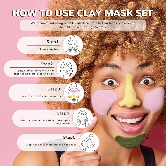 ANAI RUI 3 Pack Pore Purity Cleansing Clay Mask Set Absorbs Excess Oil,Turmeric Vitamin C Clay Mask -Rose Facial Mask -Avocado Green Tea Mud Mask,Facial Mask Skincare for Deep Cleansing 2.5 oz each