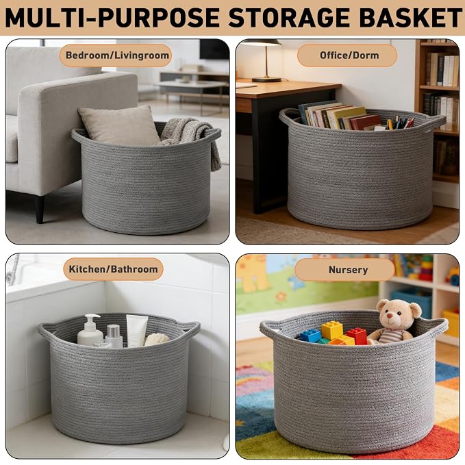 90L Extra Large Blanket Basket,Woven Rope Laundry Basket-Dark Grey | Collapsible, reinforced handles, nursery storage bin organizes clothes, toys and pillows for living room, bedroom bathroom.
