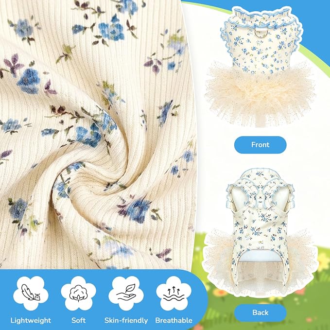 Dog Dresses for Small Dogs Girl,Floral Dog Tutu Dress,Pet Clothes for Puppy Small Cats Cute Dog Princess Skirt for Female Pet Birthday Party Outfit（Blue,Large）