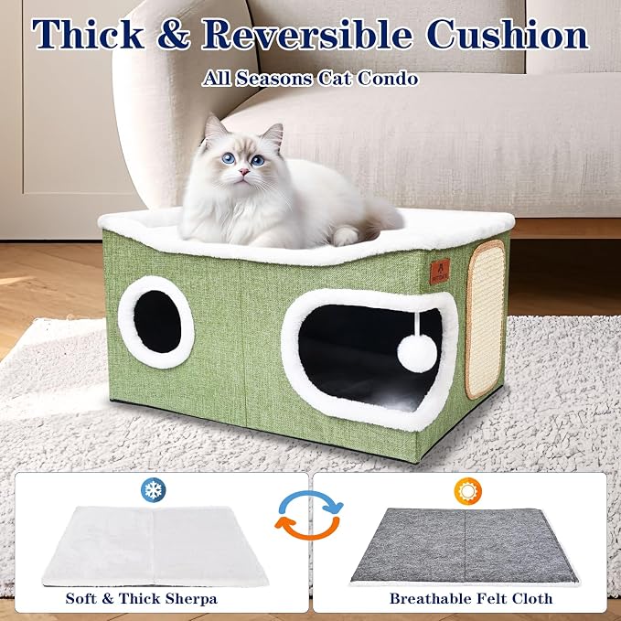 Extra Large Cat Beds for Indoor Cats, Covered Cat Cave Beds & Furniture with Scratch Pad and Fluffy Ball, Foldable Condo Hideaway with Reversible Cushion for Multi Small Pet Large Kittens, Green
