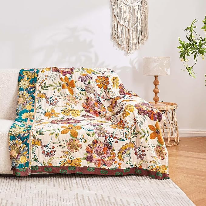 XIBLC Boho Throw Blanket, 100% Cotton Ultra Soft Luxury Throw Rustic Quilt, 60"x80" Floral Printed Farmhouse Decor Bed Summer Blankets, All Season Rustic Reversible Bohemian Throw for Bed - White
