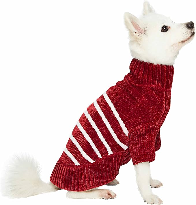 Blueberry Pet Cozy Soft Chenille Classy Striped Dog Sweater in Burgundy Red, Back Length 18", Pack of 1 Clothes for Dogs