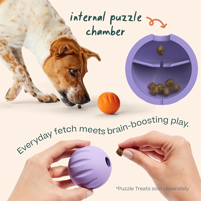 WOOF Flyball Fetch Ball & Dog Treat Dispenser Toy, 3-Pack | 2-in-1 fetch ball, fits standard ball launchers, treat dispenser, durable rubber, dishwasher safe, puzzle enrichment