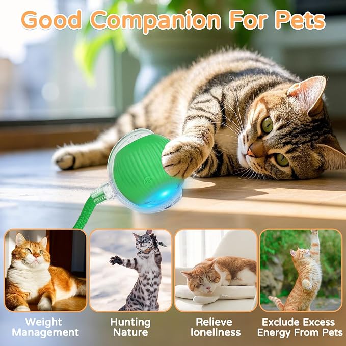 Goosheep 1PK Automatic Rolling Interactive Cat Toys Ball for Indoor Cat Dog | Green, 3 Modes, LED Light, 360° Smart Automatic Rolling, for Indoor Cats and Small Dogs, Suitable for Multi-cat Families