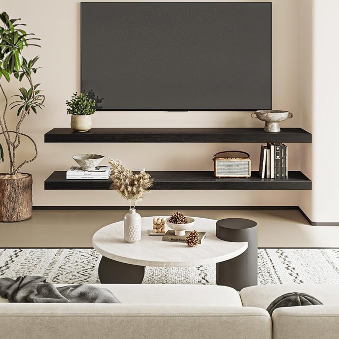 Fixwal Floating Wall Shelves for Decor (Black, Set of 2, 47.2Inch) | MDF Shelf with Metal Brackets, Space Saving for Books , Decor, Fits Bathroom, Kitchen, Bedroom, or Office