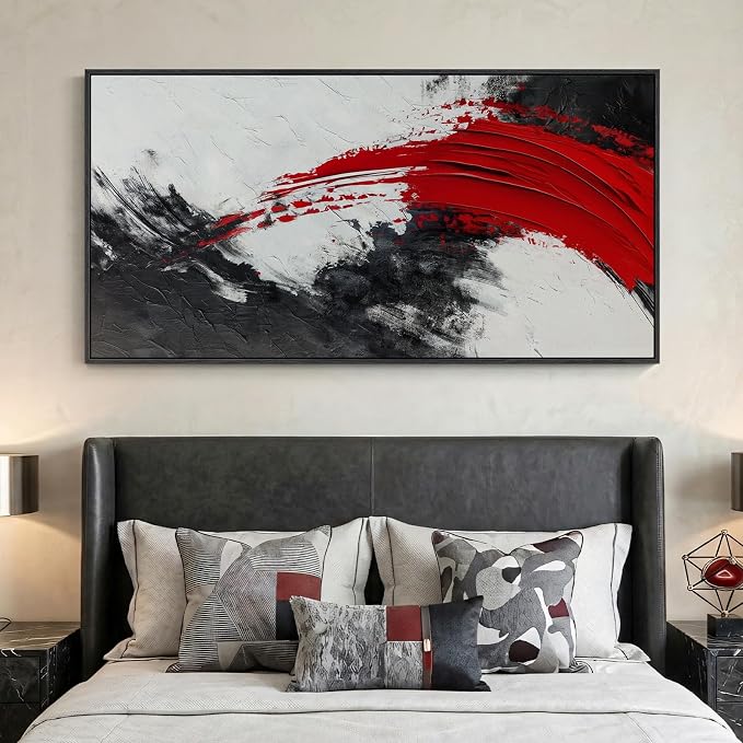Extra Large Framed Red Black and White Abstract Wall Art for Living Room, Oversized Modern Horizontal Canvas Prints Artwork for Walls, Minimalist Pictures for Bedroom Office Hallway Wall Decor 30x60 In