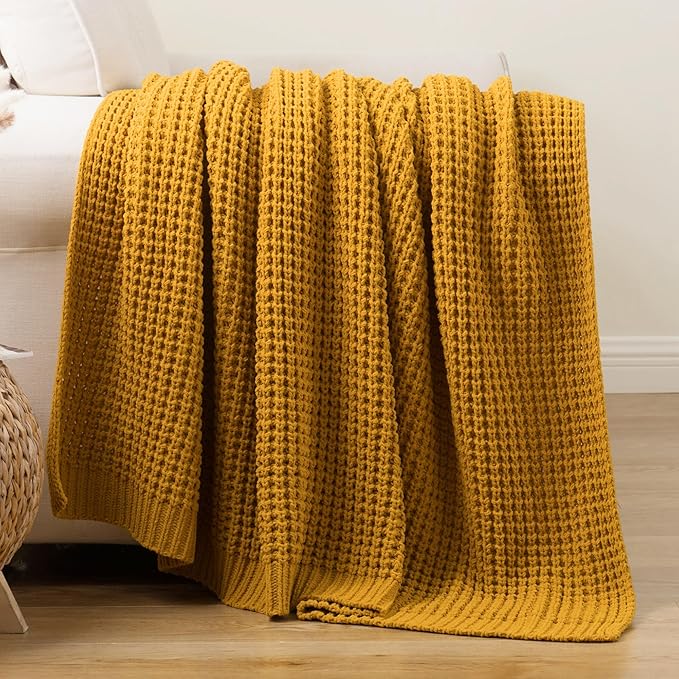 Waffle Knit Throw Blanket, Mustard Yellow Throw Blanket for Couch 60"x80" | Chunky Chenille Throw Blanket, Soft Fall Mustard Throw Blanket for Home Decor, Modern Farmhouse Knitted Style