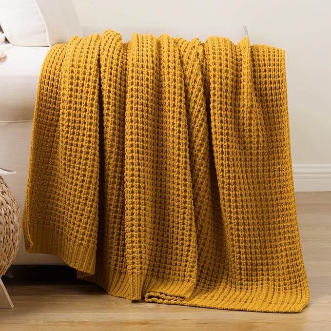 Waffle Knit Throw Blanket, Mustard Yellow Throw Blanket for Couch 50"x60" | Chunky Chenille Throw Blanket, Soft Fall Mustard Throw Blanket for Home Decor, Modern Farmhouse Knitted Style