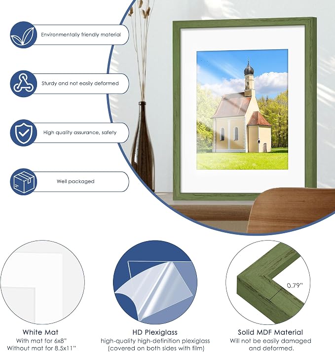 11x14 Picture Frame,Wall or Tabletop Display,Green Woodgrain,6 Pack | Display Pictures 8x10 with Mat or 11x14 Without Mat, Horizontal or Vertical, Gallery Wall Frame Set, Wedding Birthday Gifts