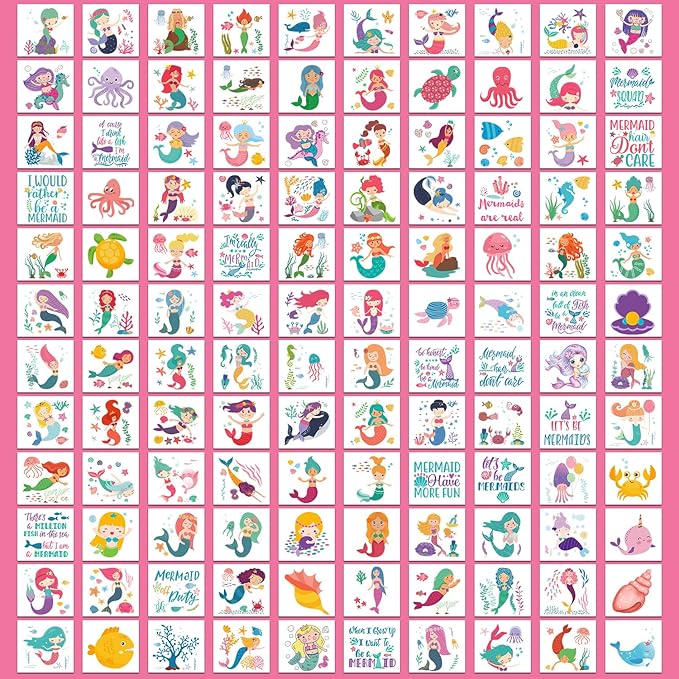 Partywind 408 PCS Kids Tattoos for Party Supplies, Individually Wrapped Sheet Temporary Tattoos Stickers for Kids Goodie Bag Stuffers, Fun Birthday Party Favors - Mermaid