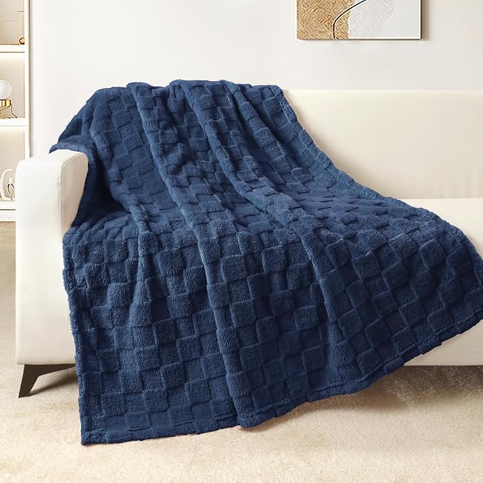 Exclusivo Mezcla 3D Checkered Fleece Throw Blanket for Couch, Navy Blue | Super Soft and Cozy Fluffy Throw, Lightweight and Breathable, Cute Fuzzy Blanket for Sofa, Home Decor, All Season, 50"x60"