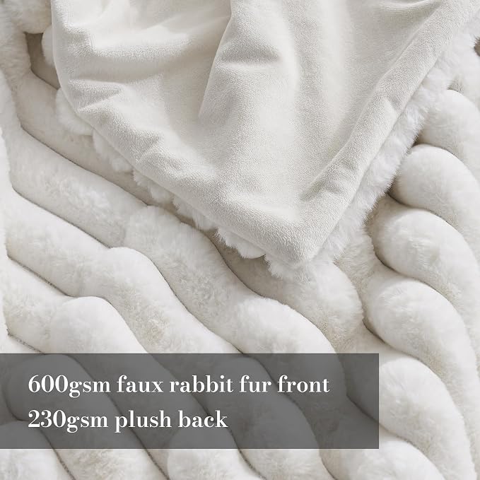 Faux Fur Throw Blanket for Couch, Cozy Fuzzy Fluffy Fur Luxurious Soft Striped Plush Gift Blankets for Family Sofa Chair Bedroom, 55"x70", Ivory
