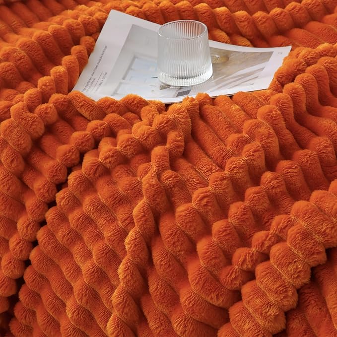 Orange Throw Blanket for Couch Sofa 50x70 inches Striped Design | Fleece Blankets Room Home Decor Lightweight Plush Soft Cozy Gifts for Women Mom