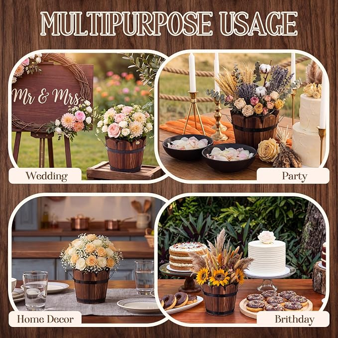 6 Pcs Rustic Wood Whiskey Barrel Planter with Removable Plastic Liners & Floral Foam Blocks, Farmhouse Decor for Wedding Table, Home, Garden, Kitchen & Party Centerpieces (Trendy)