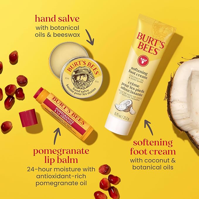 Burt's Bees Mothers Day Gifts Ideas, Tips and Toes Kit, 6 Travel Size Products - Pomegranate Moisturizing Lip Balm, 2 Hand Creams, Foot Cream, Cuticle Cream, and Hand Salve