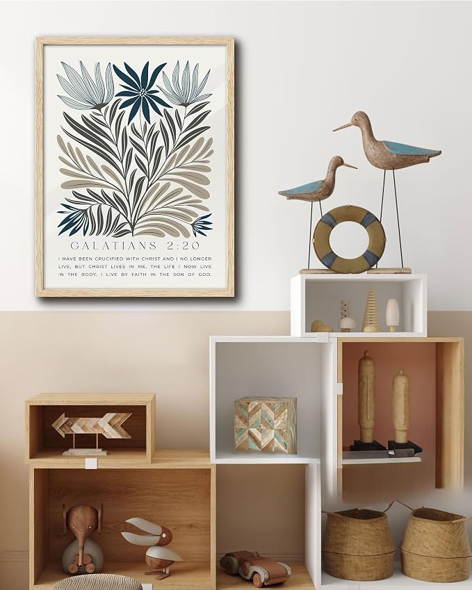 EcoHest 16x20 in Galatians 2:20 Botanical Floral Framed Christian Wall Art | Solid Oak Wood Frame with Canvas Wall Art, Nature Scripture Bible Verse Decor for Bedroom, Living Room, Office, Church, 1Pack