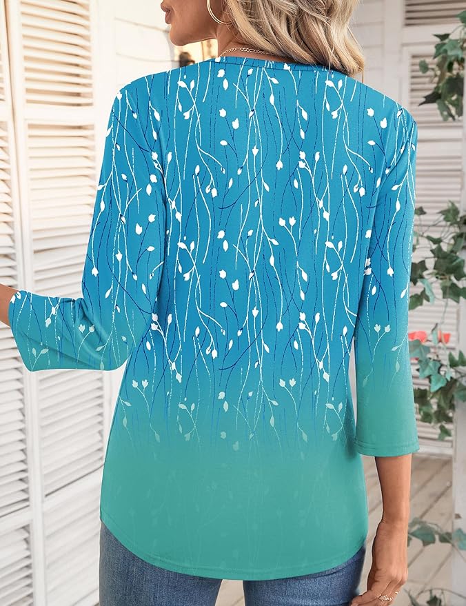 LOMON 3/4 Length Sleeve Womens Tops Spring Summer Fashion 2026 Tops Crew Neck Pleated Shirts Tunic Top Loose Fit