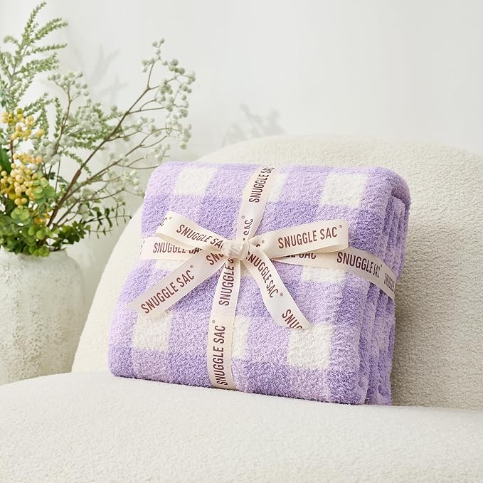 Snuggle Sac Buffalo Plaid Bedding Blanket Twin Size, Super Soft, Cozy Warm Knit Decorative Blankets, Reversible Plaid Fluffy Throws for Bed, Plaid Purple, 60x80 Inches